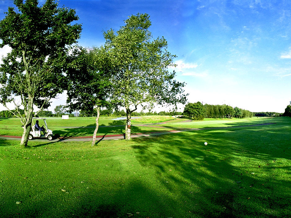 A flat, tree-lined fairway at Shamrock Country Club with a riding cart under the birches